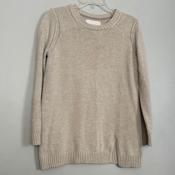 Brochu Walker women oatmeal crewneck knit pullover sweater with front left slit